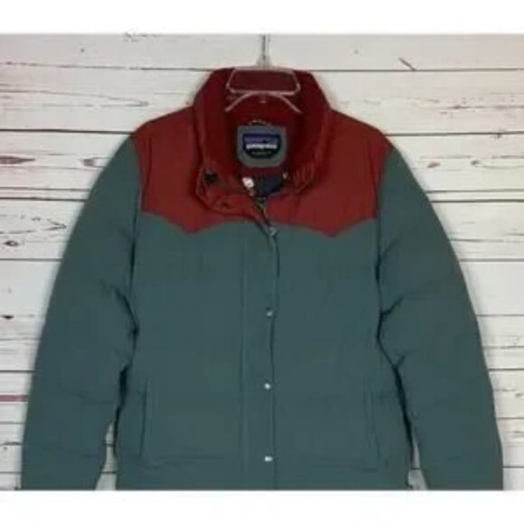 Patagonia Women's XL Extra Large Bivy Burgundy Gray Blue Down Winter Jacket Coat - Picture 2 of 14